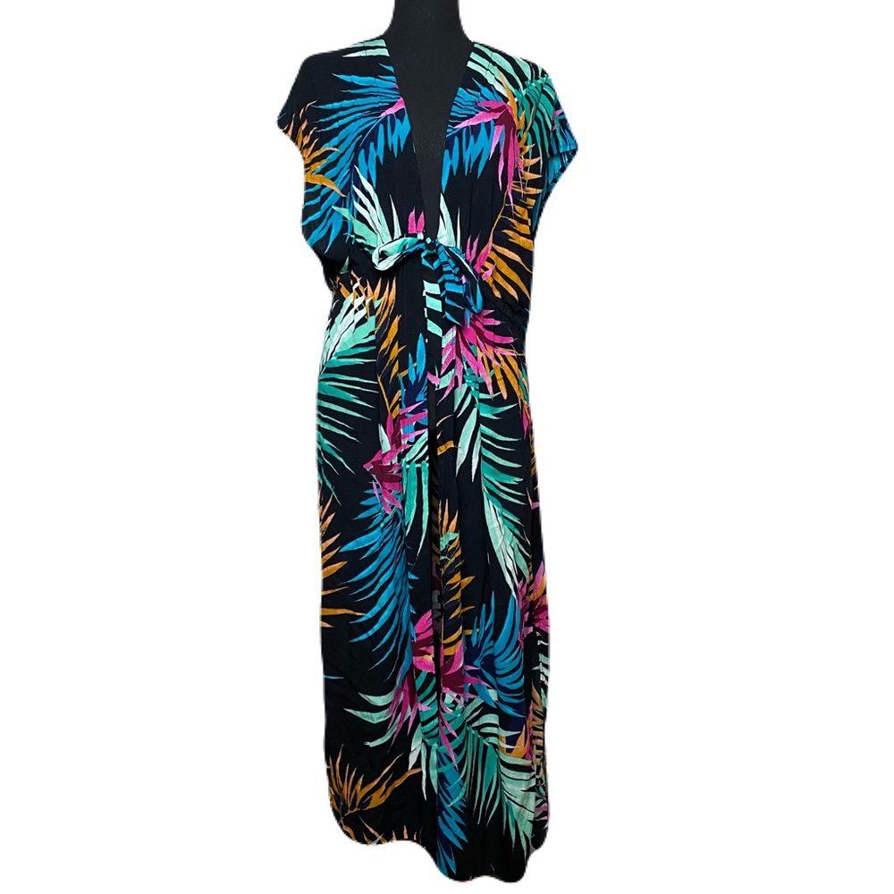 Kona Sol Tropical Multi Color Long Beach Cover Up Tie Front Women's S/M‎